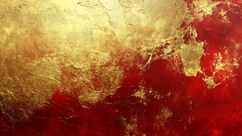 Textured crimson–gold stratification with metallic impasto dynamics.