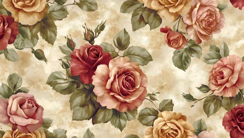 Vintage Rose Garden in Soft Blush and Crimson Tones.
