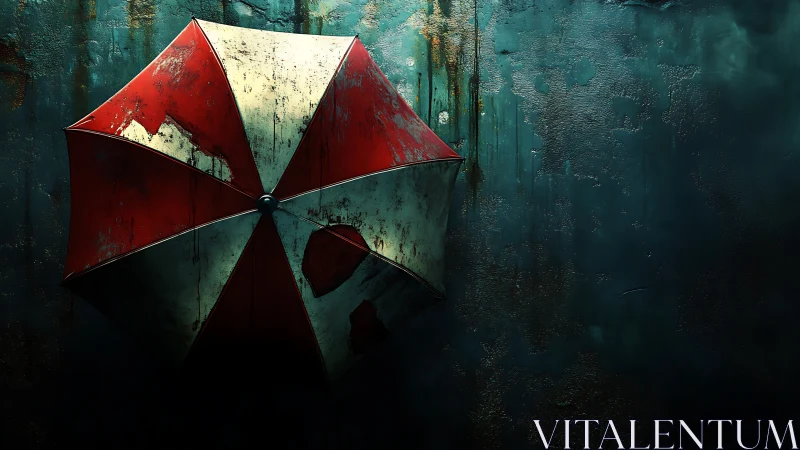 Weathered red umbrella on dark corroded teal wall.