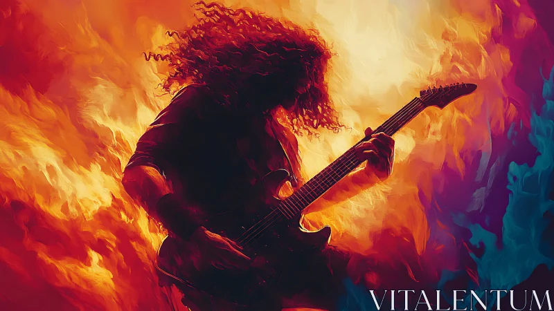 Silhouetted guitarist against intense warm color gradient