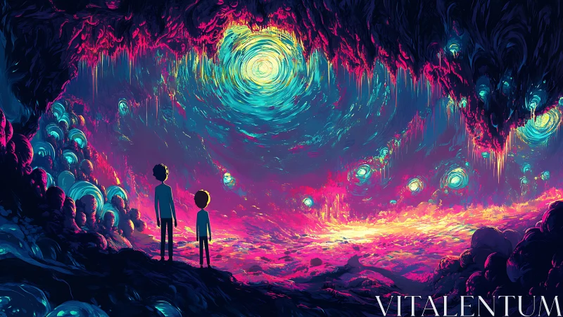 Bioluminescent cavern vista with two silhouetted child explorers