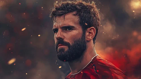 Digital painting portrait of intense bearded football player.