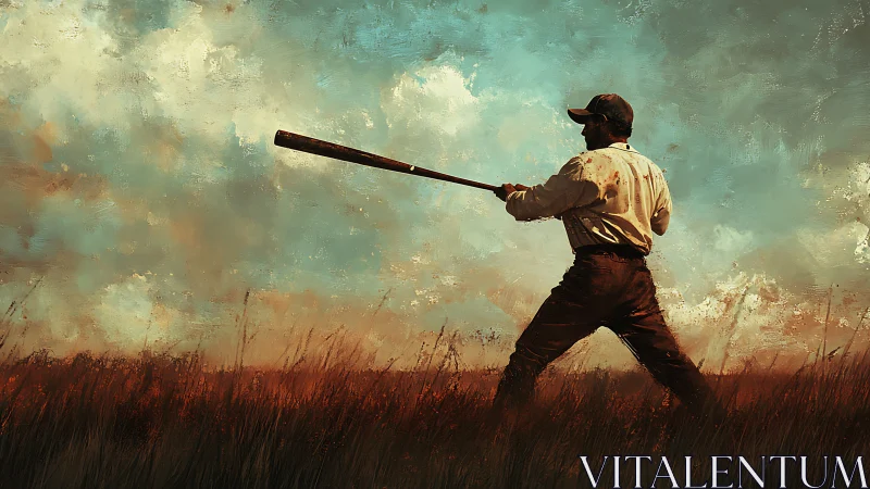 Baseball player stands in open field preparing to swing bat