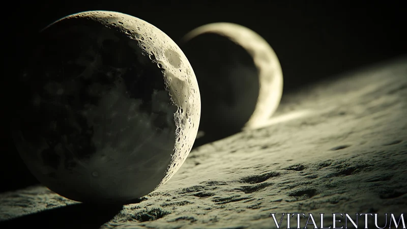 Twin lunar spheres resting on textured, shadowed regolith.