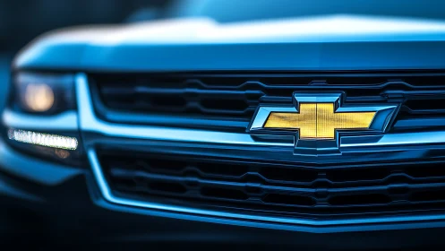 Bold car grille shines with a bright golden emblem at dusk