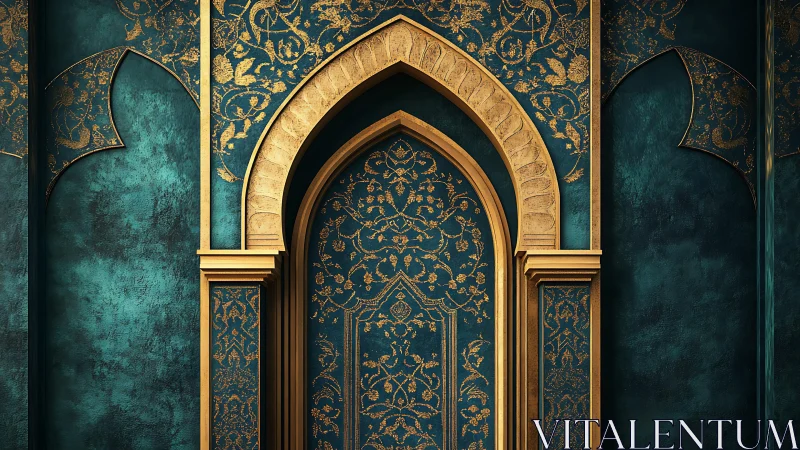 Ornate teal and gold arched doorway with floral ornamentation.