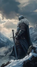 Armored winter knight stands vigilant above frozen valley.
