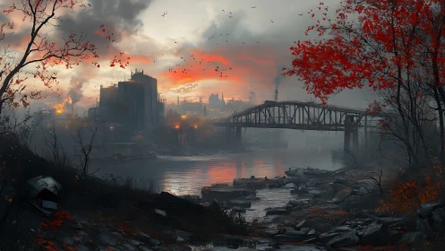 Industrial river bridge at dusk under red autumn trees.