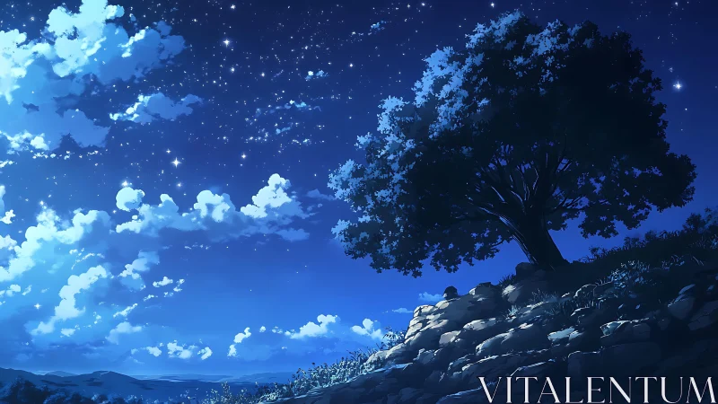 Lone hilltop tree watches over a tranquil, starlit sky