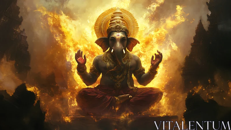 Radiant elephant deity in a glowing firelit meditation.