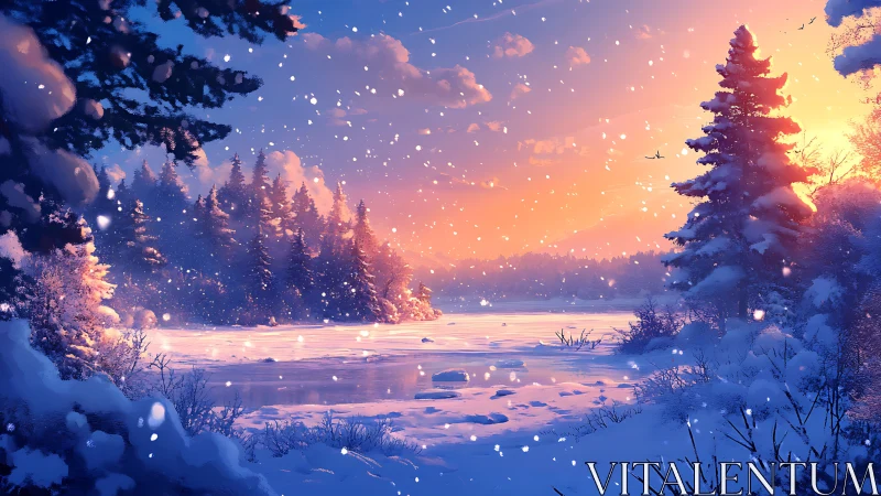 Snow-laden conifer forest surrounds a frozen lake at sunset