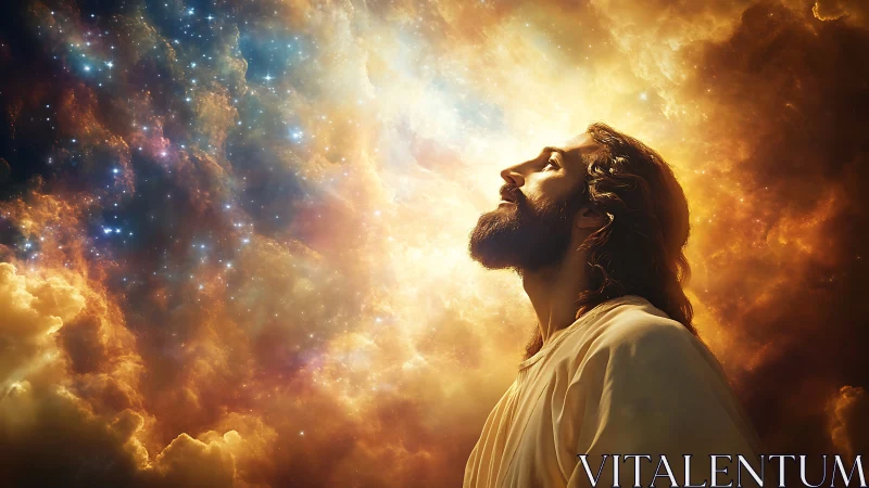 Serene robed figure gazes toward radiant celestial nebula