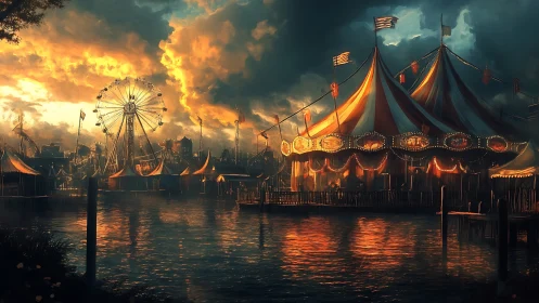 Digital painting of waterfront carnival tents at dramatic sunset.