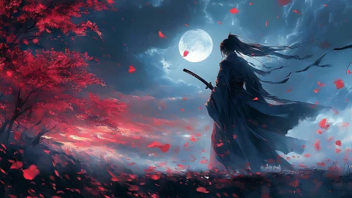 Moonlit ronin wandering through a storm of crimson petals.