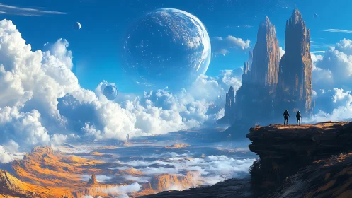 Twin explorers survey colossal alien cliffs and planets.