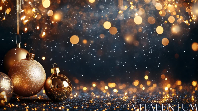 Gilded Christmas baubles bathing in midnight glitter rain.