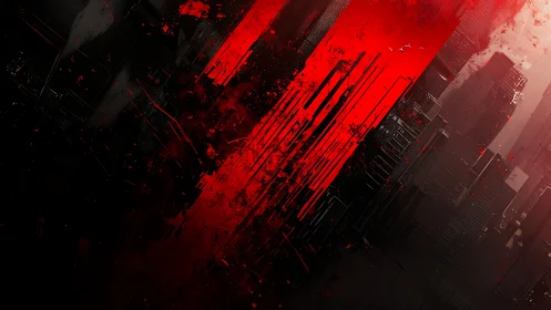 Vertical crimson slashes dissect a dystopian digital metropolis