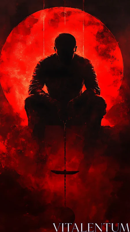 Silhouetted judge before blood-red moon of judgment.