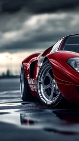 Low-slung red supercar under stormy sky, macro wheel study.