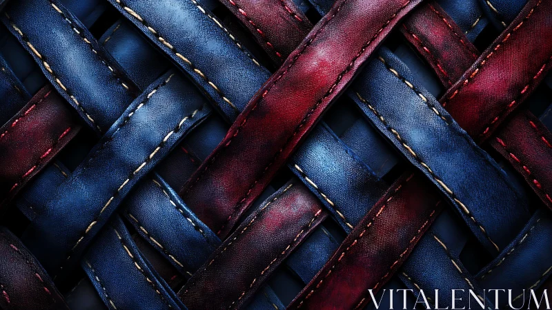 Close-up of Red and Blue Woven Leather Strips with Detailed Stitching.
