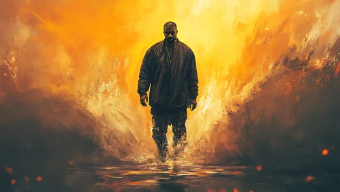 Lone figure walks through glowing storm of golden light.