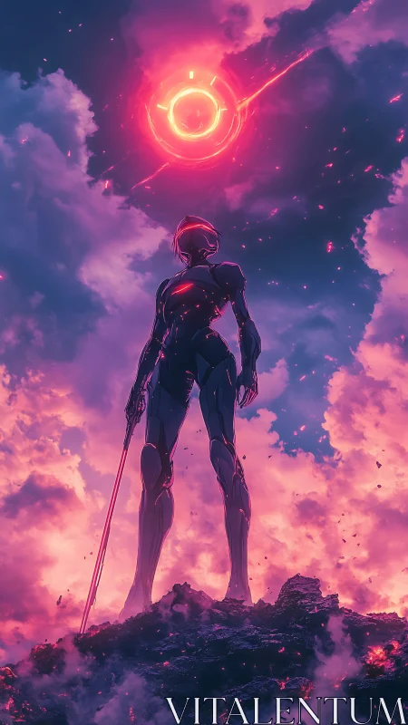 Cyborg sentinel overlooks burning horizon under neon star