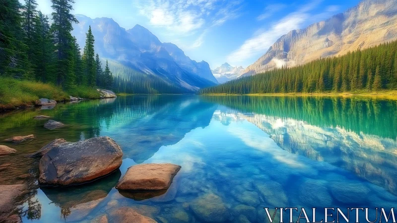 Crystal alpine lake mirrors evergreen forest and vast peaks