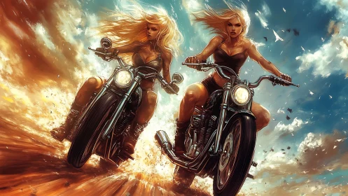 Twin biker heroines race through a blazing desert storm.