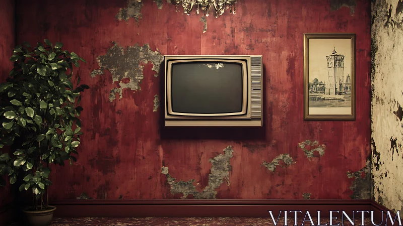 Aging CRT television suspended on distressed red plaster wall
