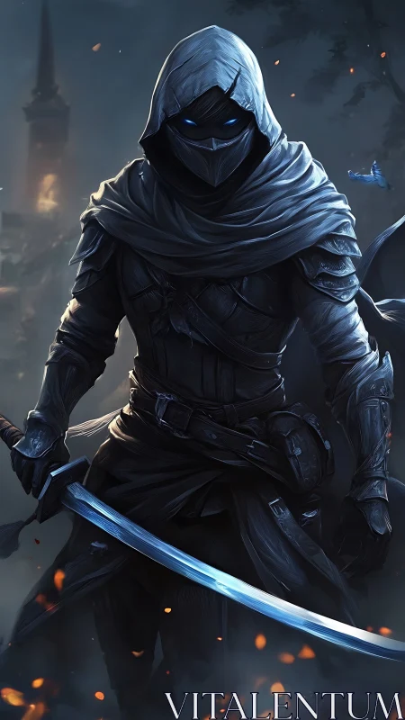 Stealth assassin in hooded armor holds glowing katana in volumetric fog