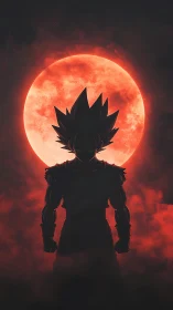 Silhouetted anime warrior under blood moon backlighting design.