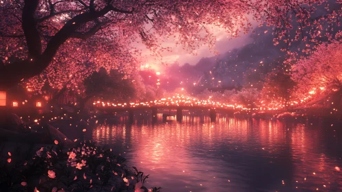 Cherry blossom river scene shows illuminated bridge at dusk