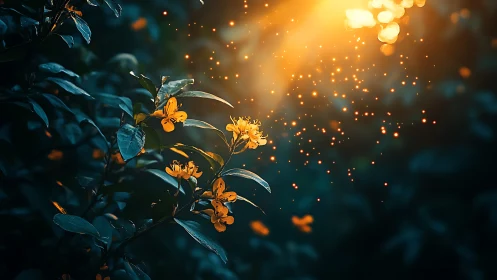 Golden wildflowers under glowing dusk light in forest shade.