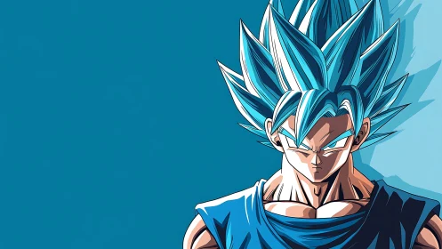 Blue haired anime fighter with intense stare on teal background.