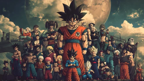 Large ensemble of martial characters under full moon sky.