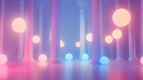Surreal glowing orbs among neoclassical columns in dreamy pastel light.
