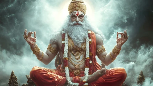 Mythic ascetic deity in multi-armed meditative configuration.