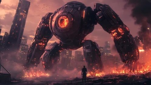 Gigantic quadruped mech traverses burning urban landscape