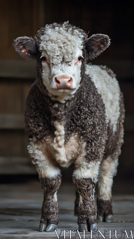Curly coated calf in soft barn light, full-length portrait.