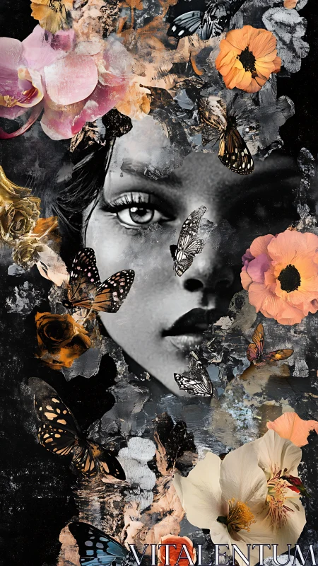 Monochrome visage in floral-lepidopteran mixed-media field.