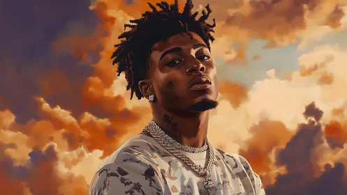 Digital portrait of a man posed against orange clouded sky