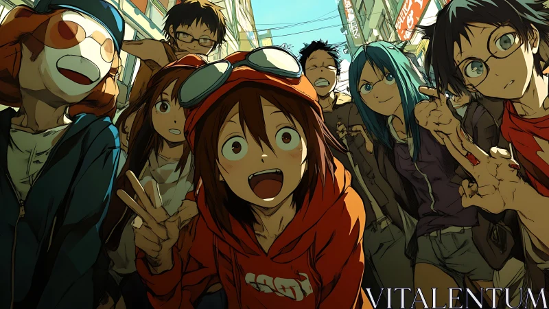 Streetside anime squad flashes wild smiles and victory signs.