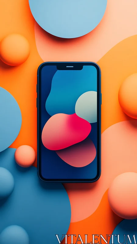 Vibrant Smartphone Display Surrounded by Floating Abstract Shapes