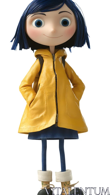 Blue haired cartoon girl in yellow raincoat standing.