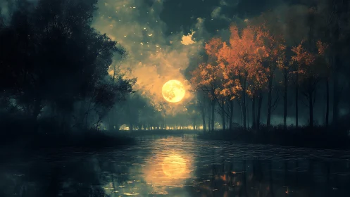 Full moon ignites autumn forest over tranquil river at night.