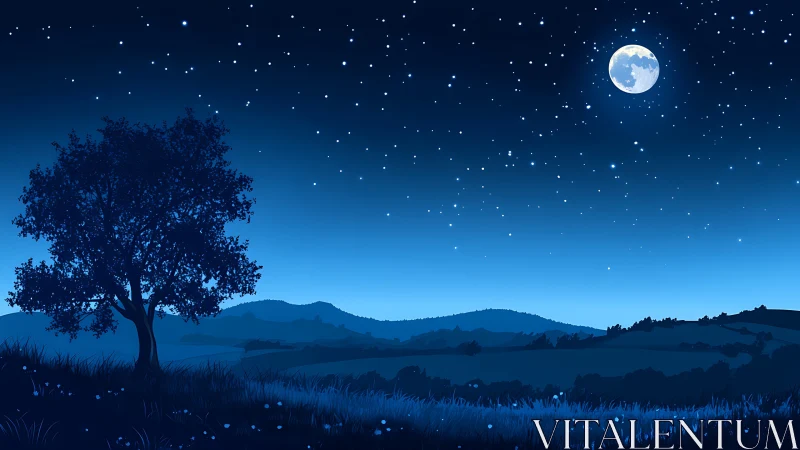 Moonlit hillside rests gently under a calm starry night sky
