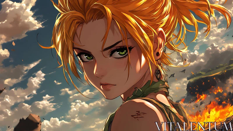 War-torn sunset heroine with intense green gaze and flames.