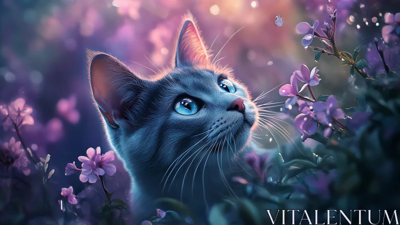 Luminous Feline: Blue-Eyed Cat in Ethereal Floral Garden.