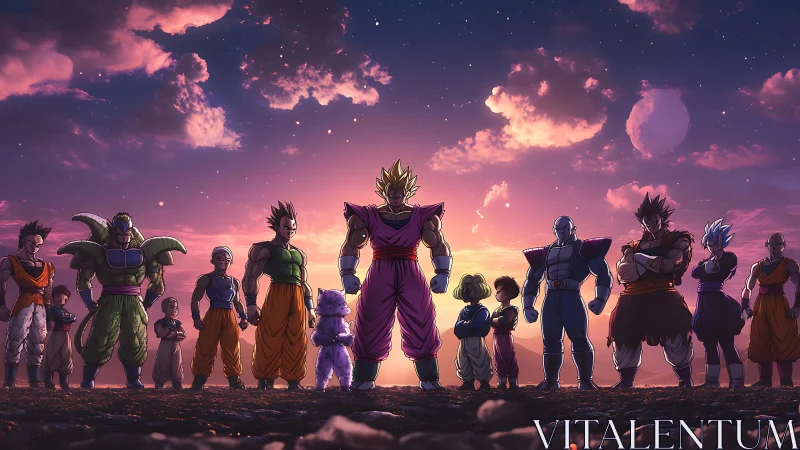 Animated warriors aligned under dusk sky in silhouette formation.