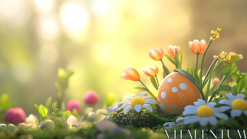 Sunny garden egg nestled among gentle spring flowers.